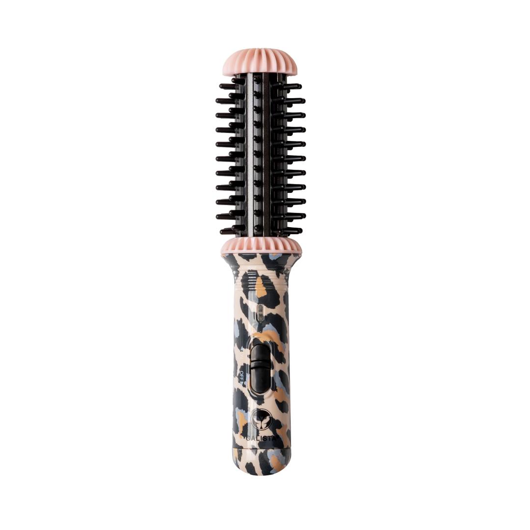 CALISTA GoGo Mini Heated Round Brush — Curl, Smooth & De-Frizz | Ionic Ceramic Travel Hair Styler | Heats to 365°F in 3-5 Min | Dual Voltage | Cheetah