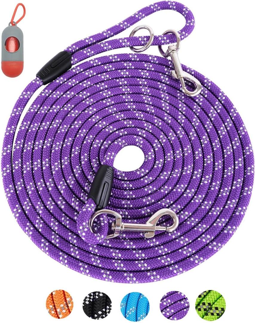 50FT* 3/8 inch, Purple Long Rope Leash for Dog Training 50FT* 3/8 inch, Purple, Reflective Threads Check Cord Recall Training Agility Dog Lead for Large Medium Small Dogs, Dog Tie-out cable for Playing, Camping, or Backyard