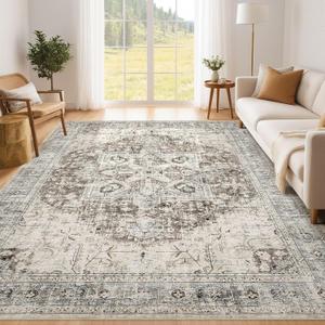 Tortania Area Rug Living Room Rugs - 5x7 Washable Boho Rug Vintage Oriental Distressed Farmhouse Large Thin Indoor Carpet for Living Room Bedroom Under Dining Table Home Office - Brown Blue