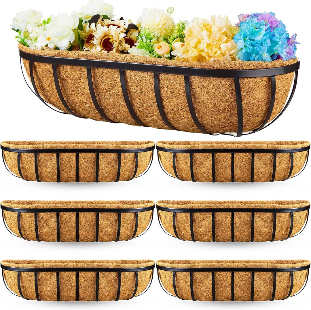6 Pcs 24 Inch Railing Planter Window Box Deck Window Planter Basket with Coconut Liner Metal Hanging Outdoor Flower Box Decoration for Balcony Porch Fence Patio Garden Fence Lawn