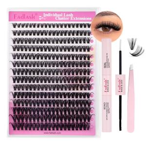 FADLASH Lash Clusters Kit 280PCS Natural Eyelash Cluster Individual D Curl Cluster Eyelash Extensions 8-16mm with Lash Bond and Seal Lash Tweezer for Beginners Soft Thin Band (40D-0.07D-8-16mm KIT)