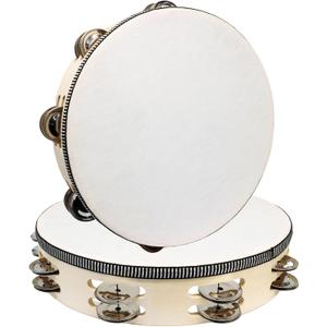 10 Inch Wooden Round Tambourine, Double Row Tambourine with Metal Jingles, Hand Held Percussion Musical Instrument for KTV, Party, Church (2 Pcs)