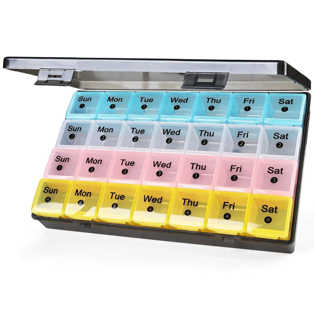 FHORAIN Monthly Pill Organizer 28 Day, 4 Weeks Pill Box 7 Day, XL Weekly Medicine Organizer for Vitamins, Fish Oil, Supplements (Multicolor+Black)