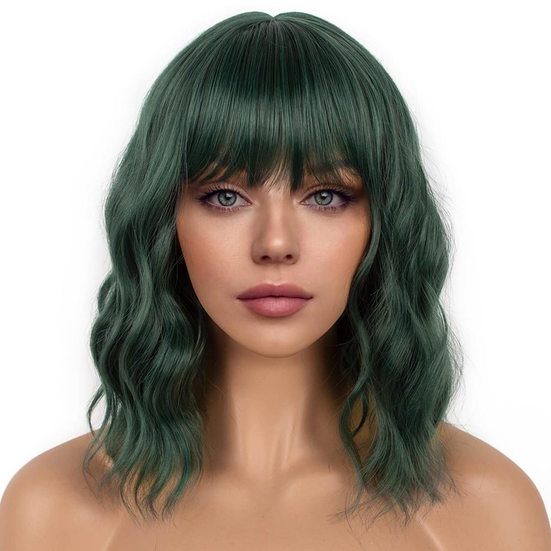 Dark Green Short Bob Wigs with Bangs for Women Loose Wavy Wig Curly Wavy Shoulder Length Bob Synthetic Cosplay Wig for Girl Colorful Costume Wigs