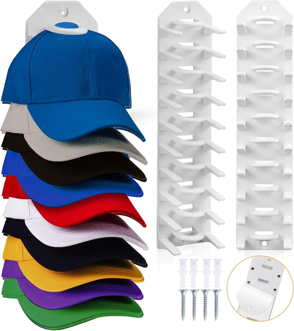 Hat Organizer for Baseball Caps, 2 Pack Hat Rack for Wall, Wall Mounted Adhesive Cap Rack, Hat Holder Hanger Hold Up to 20 Cap, Baseball Hat Storage Organizer for Door, Closet, Bedroom (White)