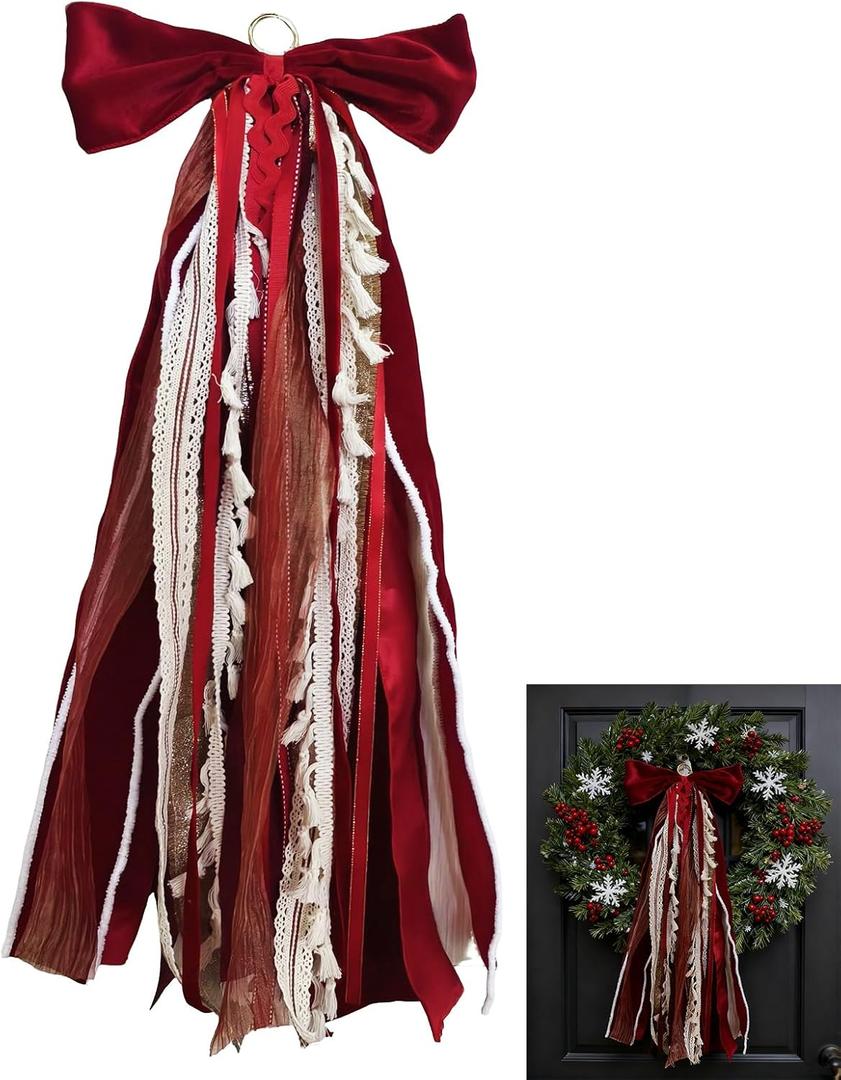 Assorted Ribbon Bow for Wreath, Large Red Velvet Bow, Clip-On Fall Decorative Ribbon Sash Bundle Wreath Making Supplies for Thanksgiving Christmas Holiday Front Door Decor Xmas Outdoor Decorations