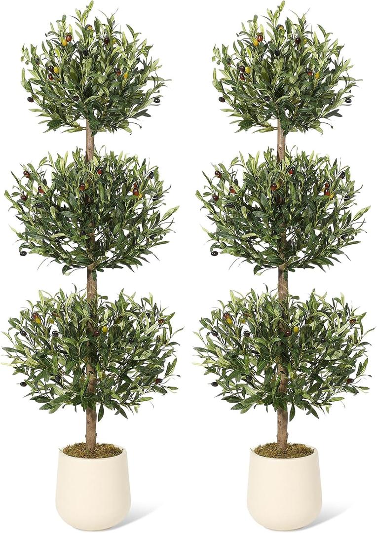 5FT Artificial Olive Triple Ball Topiary Trees with Moss & Inner Pot, Outdoor Indoor Realistic Fake Shrubs Trees, Faux Plants Round Bushes Fake Shrubs Potted for Home Offices Porch Decor Set of 2