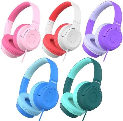 iClever Upgraded Kids Headphones for School Bulk 5Pack, Foldable & Swivel Design, 85dBA Safe Volume, Tangle-Free Cord, HD Stereo, 3.5mm Jack for Students/Classroom/Tablets/Laptops