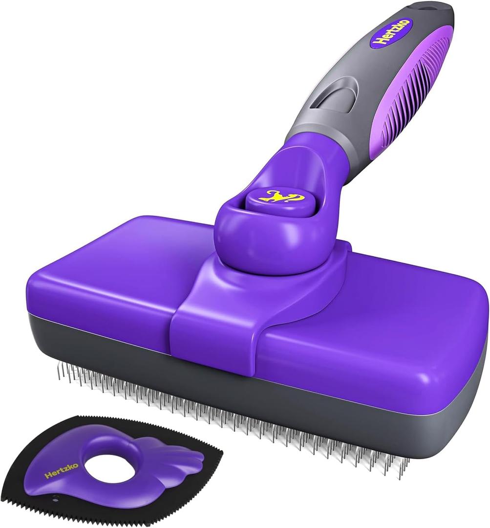 Hertzko Dog Slicker Brush and Dog Hair Remover - Self-Cleaning Brush for Cats and Dogs - Pet Hair Remover Brush for Fur - Gently Removes Mats, Tangles, and Loose Hair - Ideal for Home Use (Purple)