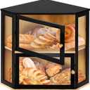 Black Corner Bread Box for Kitchen Countertop, 2 Tier Bamboo Storage Breadbox, Large Modern Bread Container for Homemade Bread with Clear Acrylic Door Panel, Counter Wooden Bread Bin
