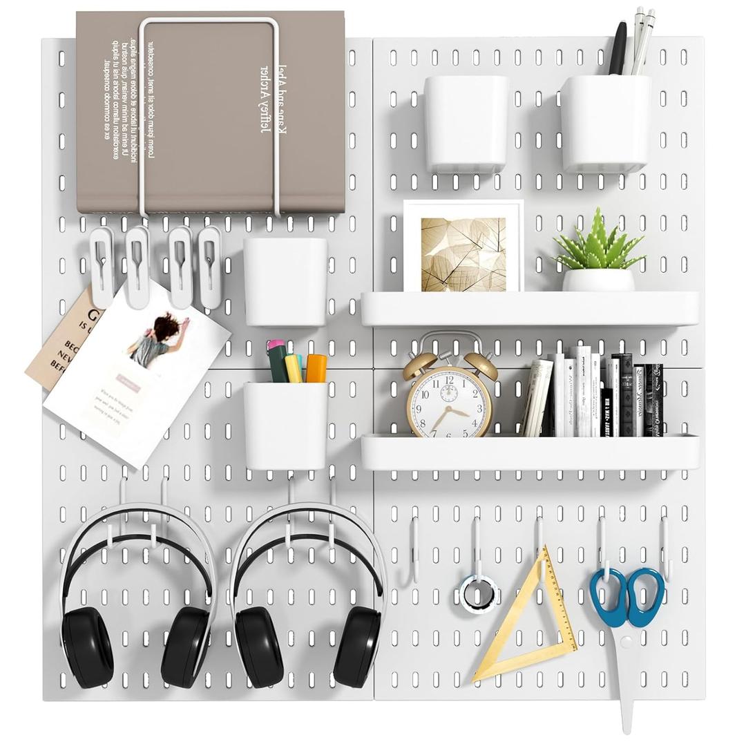 Peg Board Combination Kit, 4 Pegboards with 20 Accessories, Pegboard Wall Organizer for Office, Nursery & Home Storage, Key Holder, 25.6"x25.6" Nail-Free InstallationWhite