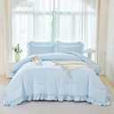 ANGIYUIN 5Pcs Queen Size Comforter Sets Light Blue Ruffle Bedding Sets Vintage Farmhouse Bed Sets Solid Elegance Boho Bed in A Bag for Girls Women（Light Blue Queen）