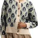 Women Floral Cardigan Sweater Open Front Long Sleeve Button Down Knit Sweater Vintage Outerwear (Medium, Black)