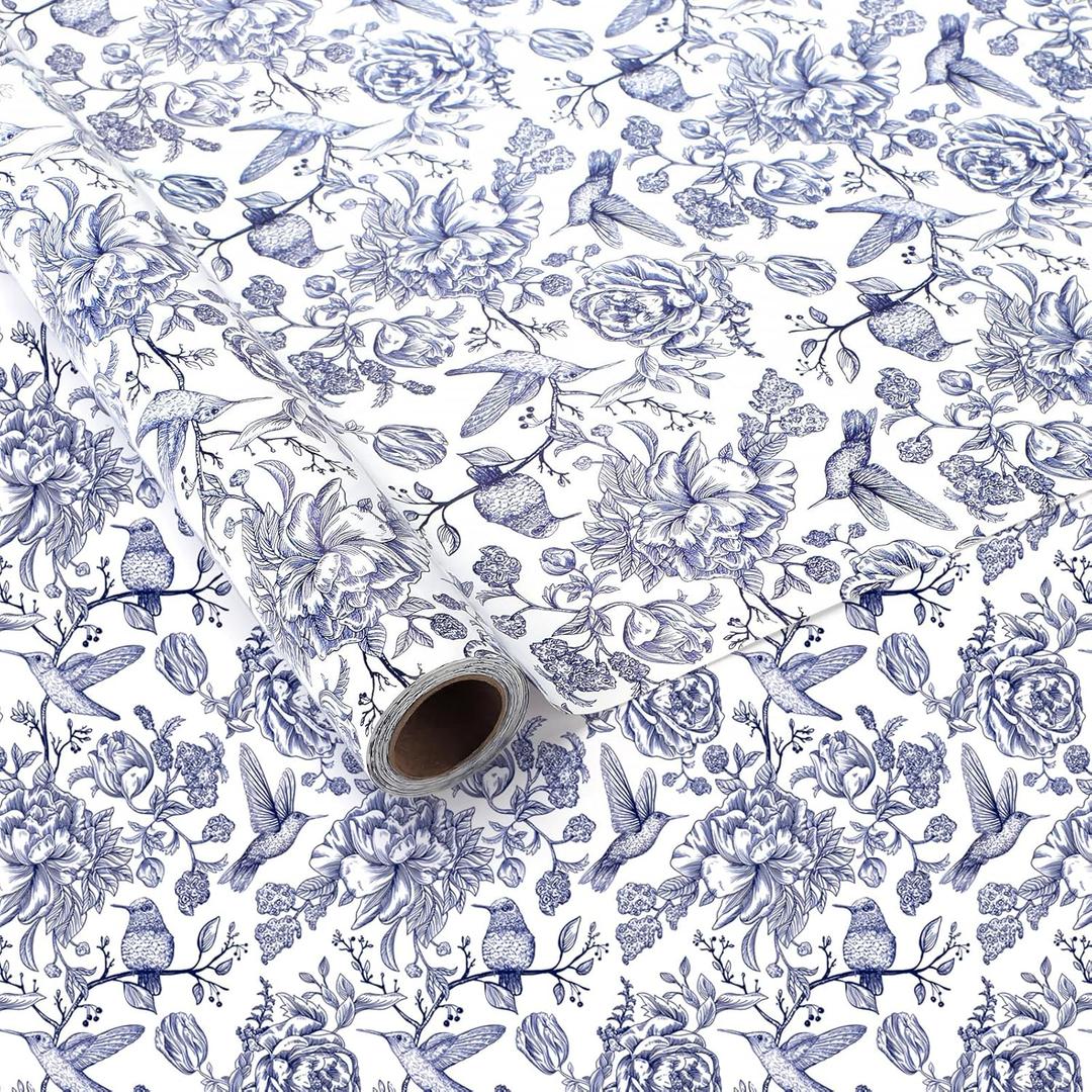 Blue Floral Bird Wrapping Paper Roll - Jumbo Roll - 30in x 32.8Ft Blue White Flowers Bird Pattern Gift Wrap Paper for Wedding, Birthday, Baby Shower, Mother's Day and Bouquet Flower
