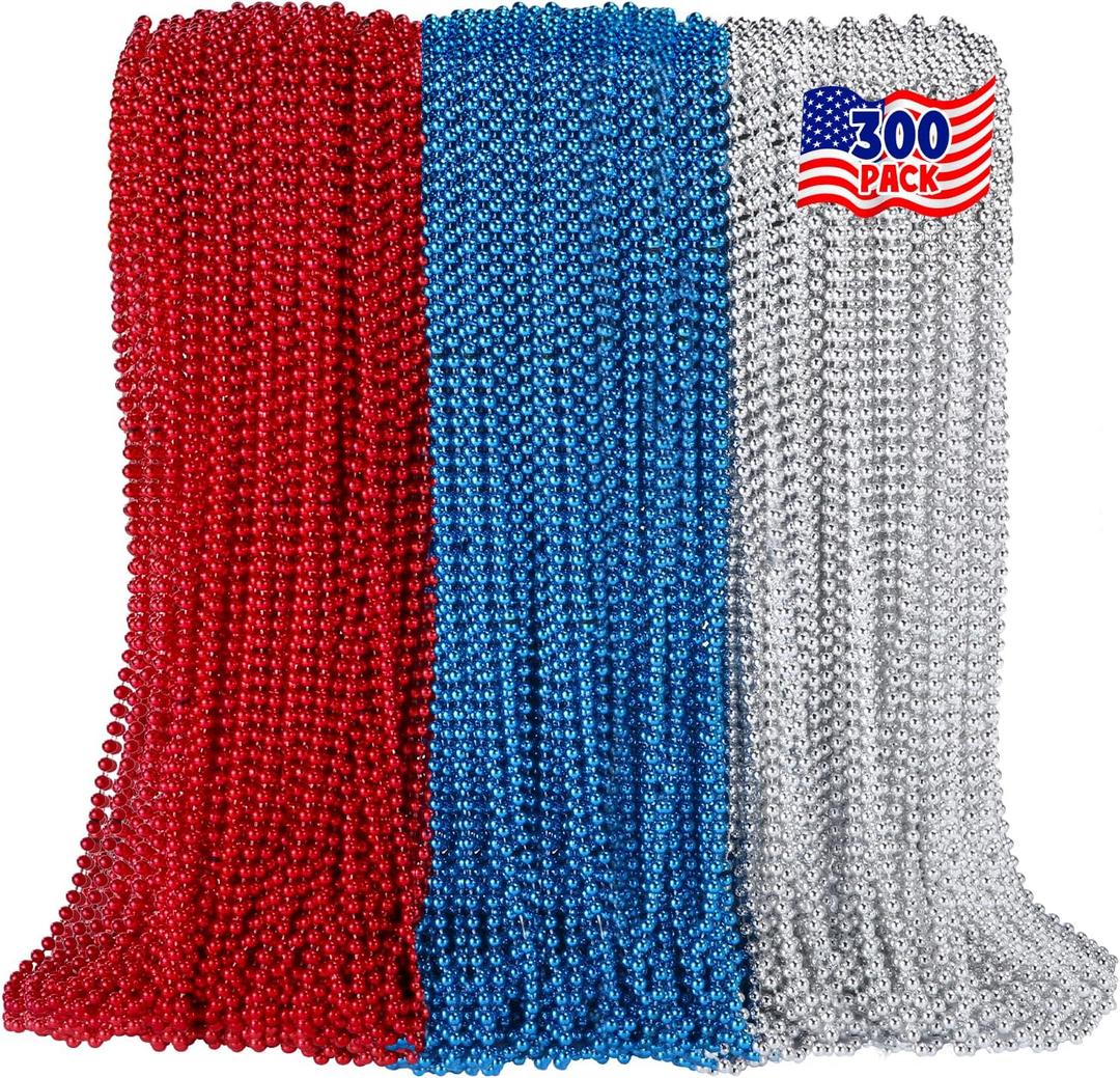 300PCS 4th of July Accessories Patriotic Bead Necklaces, 33inch Red Blue Silver Necklaces Bulk, 4th of July Decorations for Parade Party Favors Veterans Day