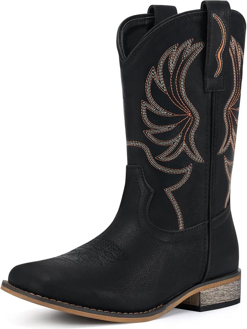Rollda Kids Cowboy Boots for Boys Girls Western Square Toe Cowgirl Boots with Walking Heel (6 ) (Black)