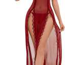 Foxiny Sexy Side Split Long Lace Sheer Lingerie Dress V Neck Night Gowns with Thong 2 Piece Set (Red, XXL)