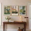 Large Framed Claude Monet Landscape Wall Art for Living Room, 3 Piece Impressionist Vintage Nature Prints Paintings, Green Tree Canvas Pictures Artwork Decor for Bedroom Entryway 16x24 Inch, 16W" x 24H"x3Pcs