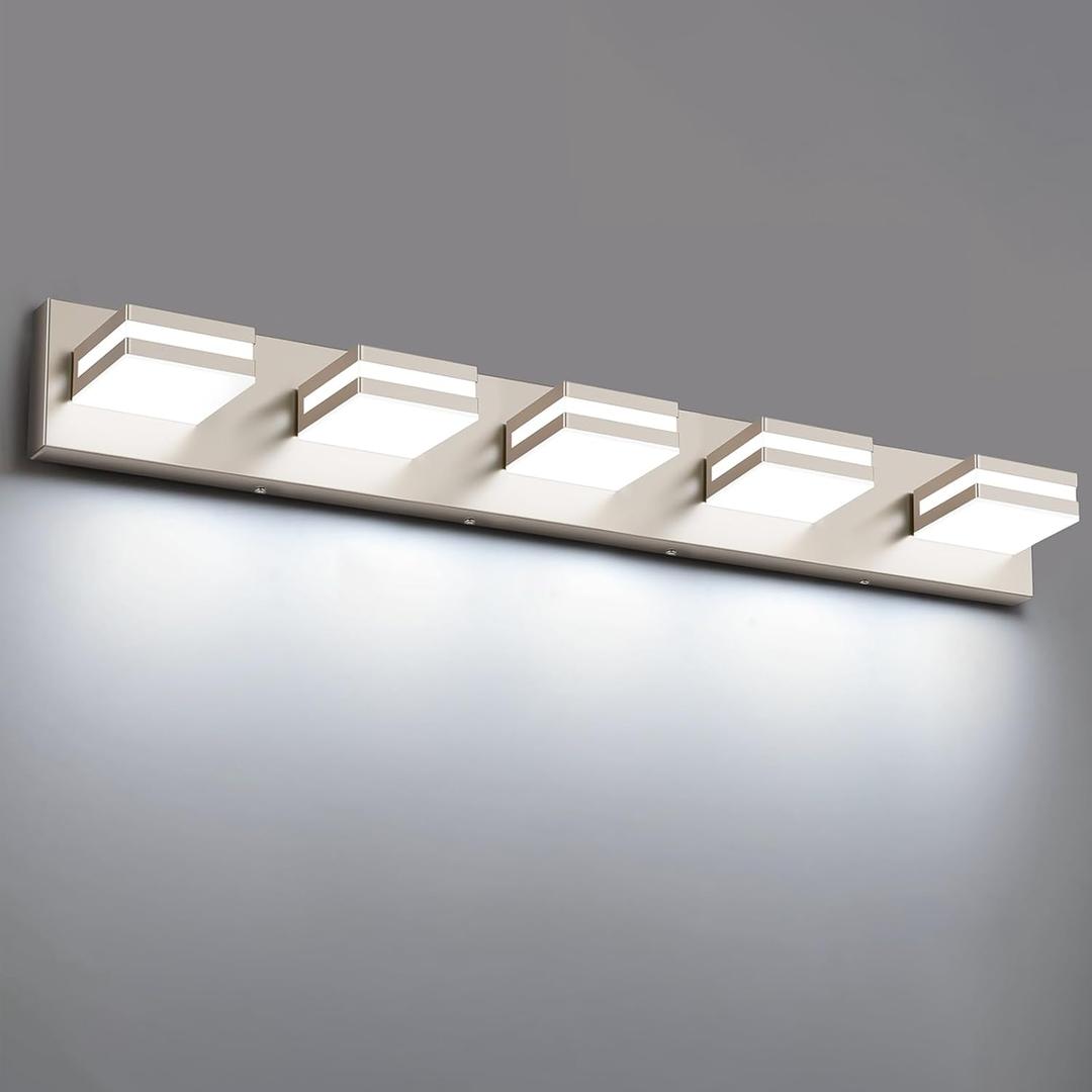 Bathroom Lights Fixtures Over Mirror, 360Rotate Modern LED Vanity Lights for Bathroom, 40W Dimmable & High CRI Acrylic Wall Lighting, No Assembly Required (Brushed Nickel, 5-Light, 30 Inch)