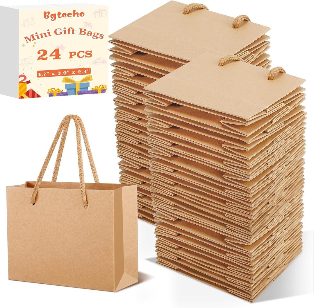 Bgtecho 24 Pack Extra Small Gift Bags, 3.9 x 4.7 x 2.4 Inch Small Paper Bags, Gift Wrap Paper Bags with Handles, Mini Brown Gifts Card Bag for Wedding Birthday Baby Shower Party Favors