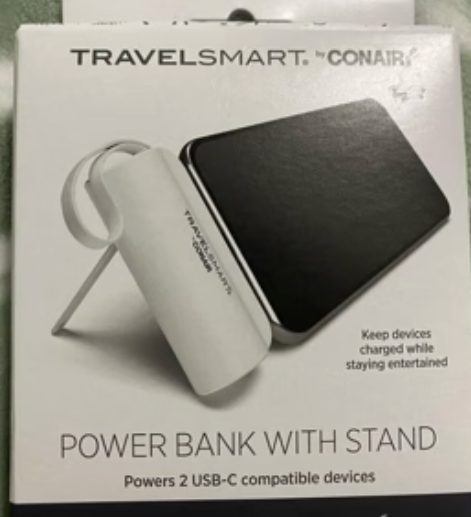 Travel Smart Phone Stand 5000mAh Power Bank: Built-In Cable, Charges 2 Devices Simultaneously