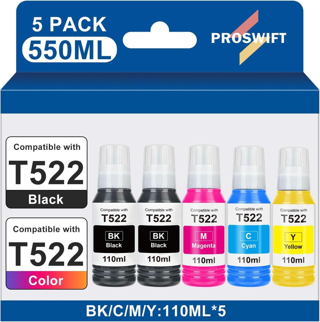 Replacement for Epson 522 High Capacity Ink Refill Bottles Works with EcoTank ET-2400 ET-2720 ET-2800 ET-2803 ET-2840 ET-4700 ET-4800 ET-4810 ET-3760 ET2760 ET2750 ET-4760 ET-2850 ET-15000 (550ML)