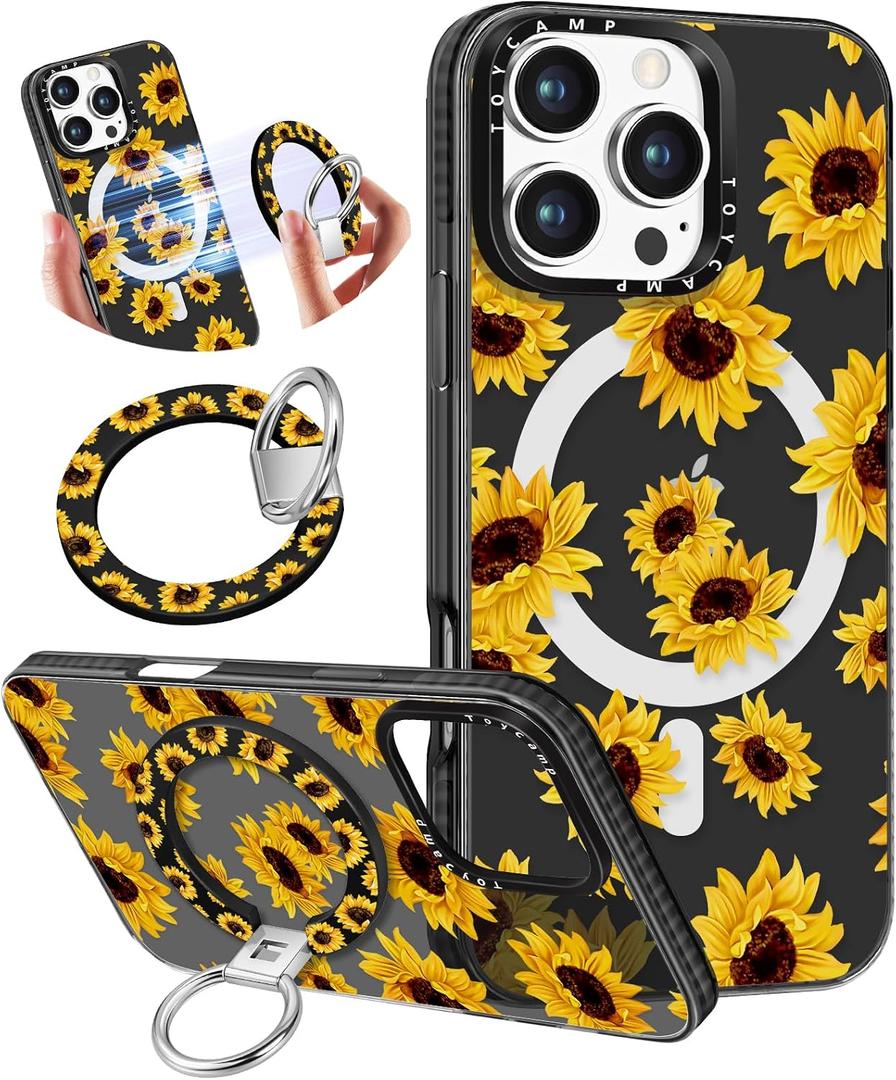 Toycamp for iPhone 13 Pro Case Compatible with Magsafe - for Women Girls Cute Design 360 Magnetic Ring Holder Stand Kickstand Girly Sunflower Pretty Funny Fashion TPU Aesthetic Teen Phone Cover