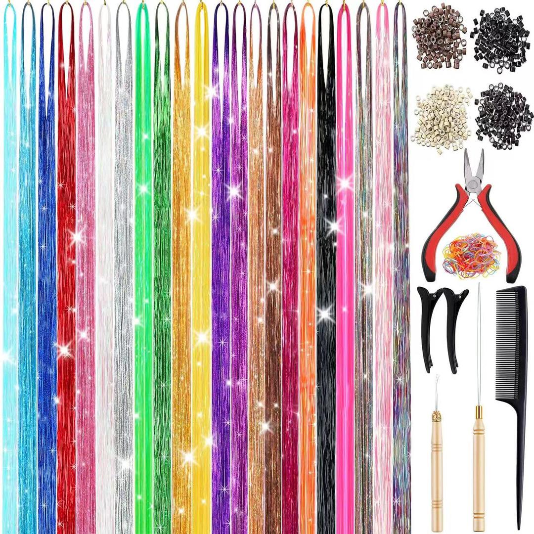 22 Colors 7700 Strands Hair Tinsel Kit, 48 Inch Glitter Tinsel Hair Extensions for July Fourth Christmas New Year Halloween Cosplay, Heat Resistant Fairy Hair Accessories for Girls, Kids, Women (1 Count (Pack of 22))