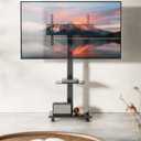 Steel Base Rolling TV Stand for 32-75 inch TVs up to 110 lbs, Leveling & Tilt & Swivel Mobile TV Stand with Hidden Wire Management, Height Adjustable Portable Tv Stand with Steel Shelf, Black