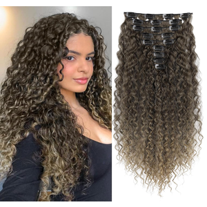 Hair Extension, LONAI 9PCS Clip in Hair Extensions, LN002 22" Long Curly Thick Heat Resistant Synthetic Soft Deep Wave Hairpieces for Women-Ombre Brown