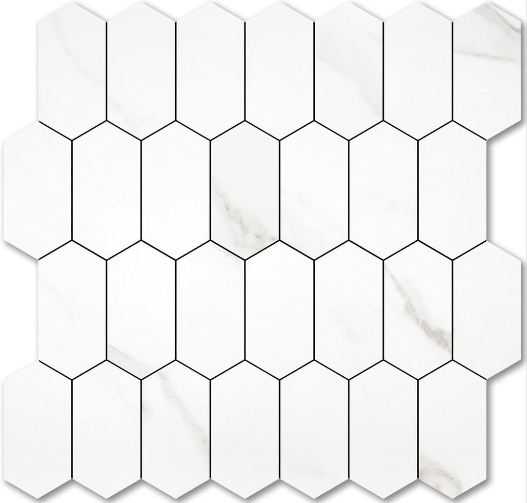 Vamos Tile Long Hexagon Peel and Stick Backsplash Tile - 10 Sheets Stick on Backsplash for Kitchen and Bathroom 12.4 x 12 Inch White Marble Look PVC Self Adhesive Mosaic Wall Tiles