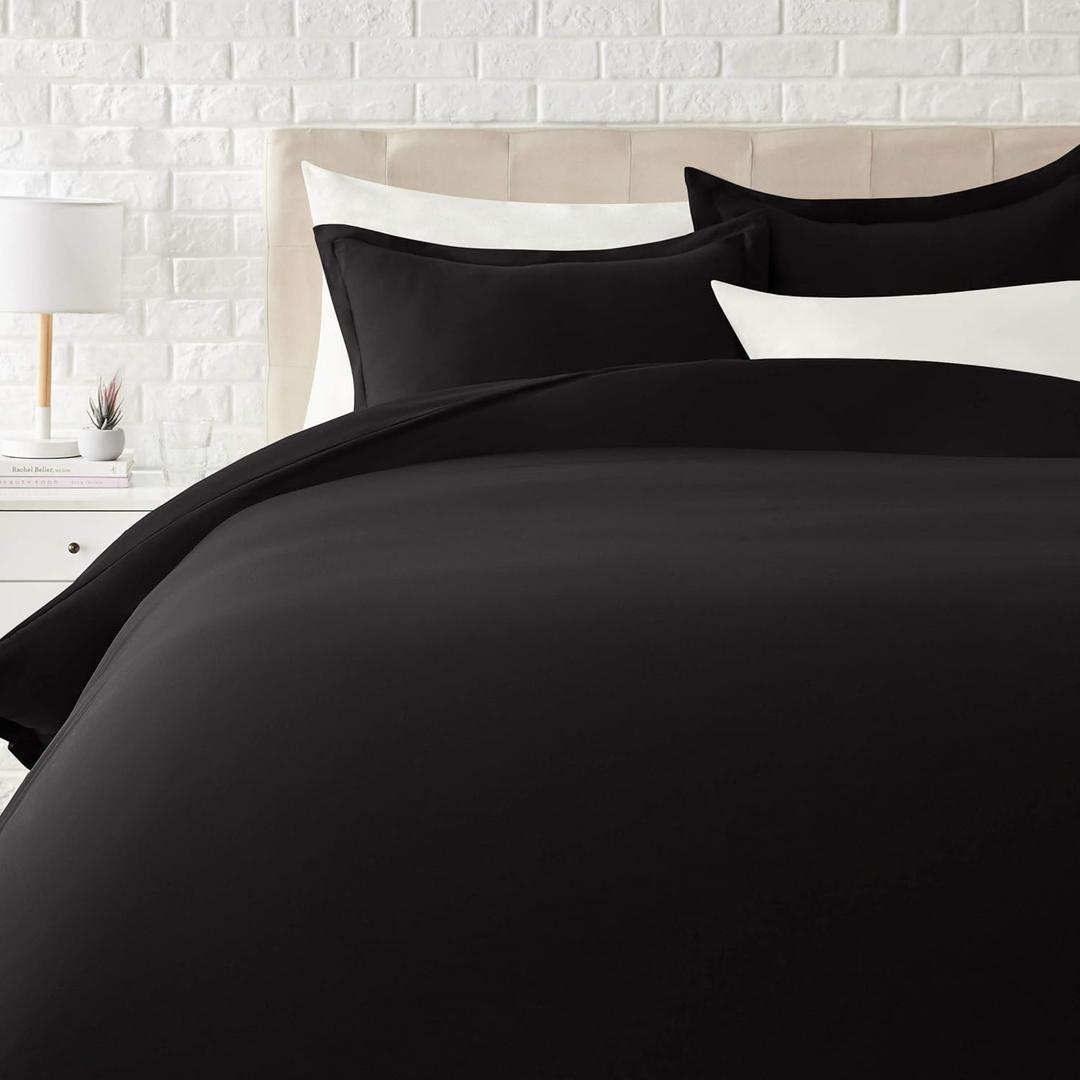Amazon Basics Lightweight Soft Microfiber 3-Piece Duvet Cover Set with Zipper Closure, Full/Queen, Black, Solid