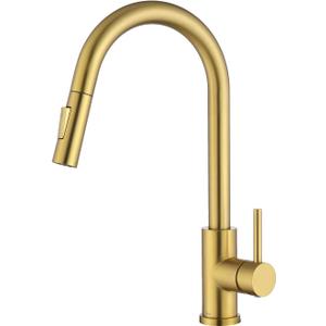 Tohlar Gold Kitchen Faucet with Pull Down Sprayer, Gold Kitchen Sink Faucet for 1 or 3 Hole, Modern Stainless Steel Sink Faucet with Deck Plate for Farmhouse Laundry Rv, Brushed Gold