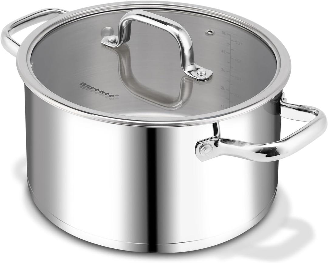 Rorence Stainless Steel Stock Pot, 6-Quart | Tri-Ply Base, Large Pot Induction Cooking Pot with Lid, For All Stoves, Oven & Dishwasher Safe