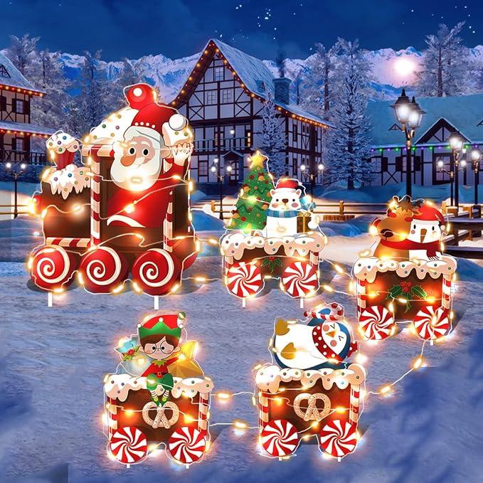 5 Pcs Christmas Train Decorations Yard Signs with Led Lights, Outdoor Lighted Christmas Yard Train Christmas Outdoor Train Decorations for Xmas Holiday Garden Lawn Yard Decorations