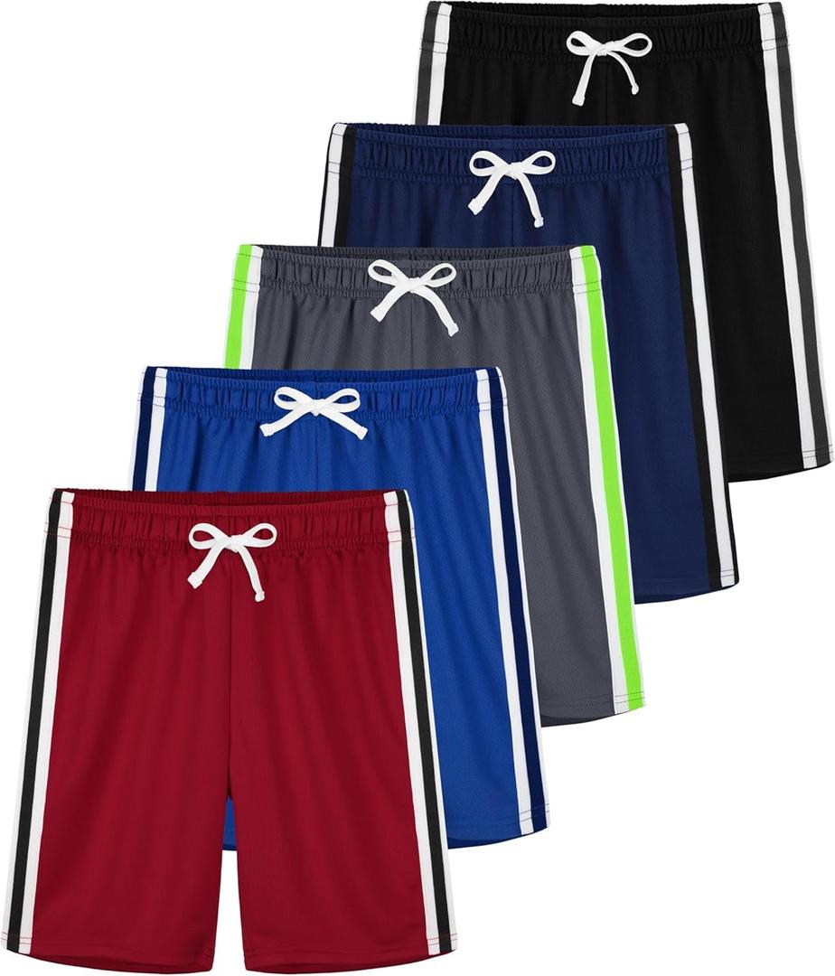 YERIOK 5 Pack Boys Athletic Shorts Boys Shorts Mesh Basketball Soccer Quick Dry Gym Clothes for Kids with Drawstring (6-7 Years, Black, Navy Blue, Medium Gray, Royal Blue, Red)