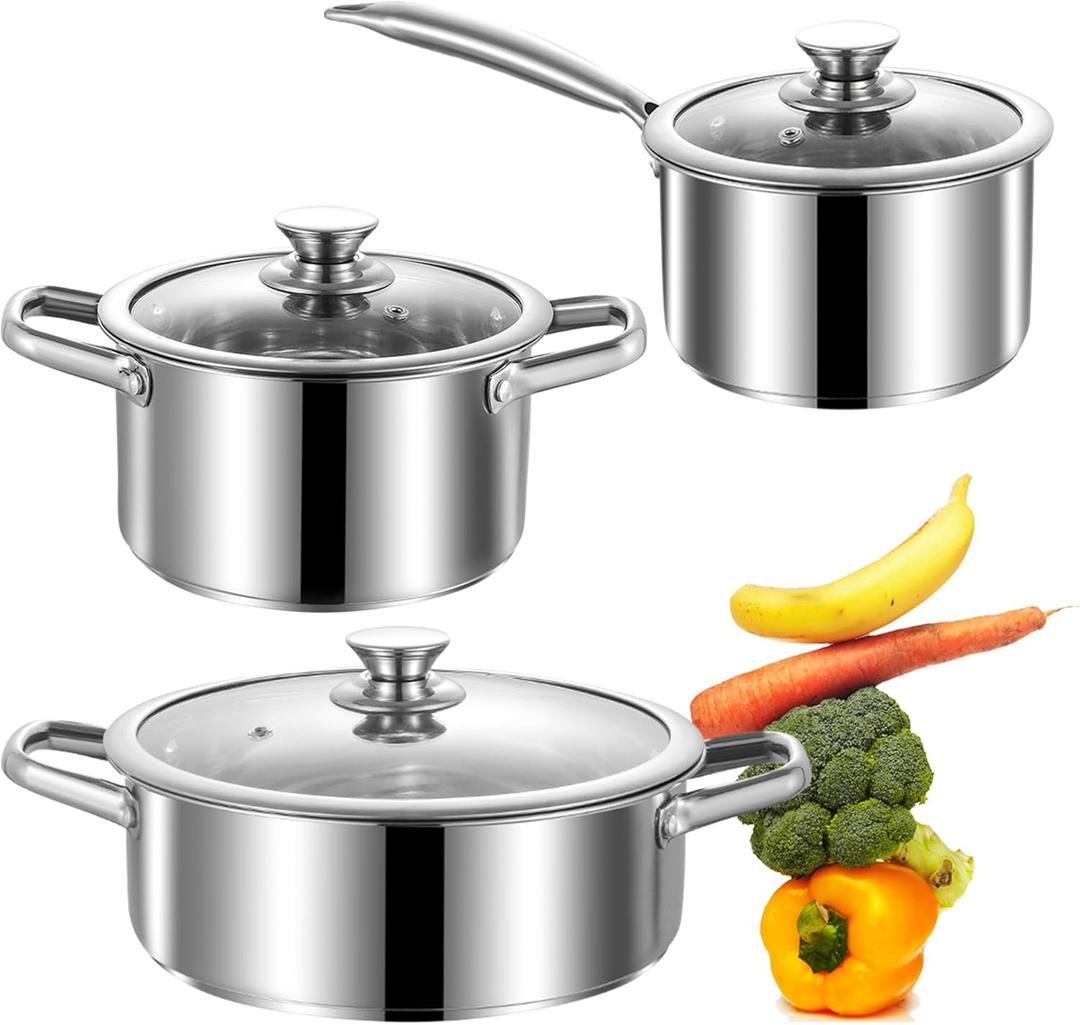 SHEUMNT Stainless Steel pots and pans set, 6 Piece Nonstick Induction Kitchen Cookware Set, Works with Induction/Electric and Gas Cooktops, Nonstick, Oven Safe, Camping Cookware