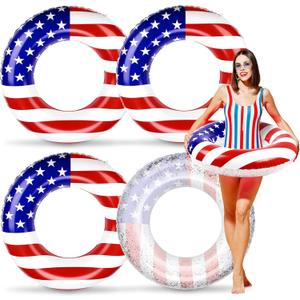 Elcoho 4 Pack Inflatable USA Pool Float Tube USA Flag Swimming Rings Filled with Sparkle Silver Stars Confetti 36 Inches Patriotic Toys Pool Float for Independence Day, Memorial Day, Veterans Day