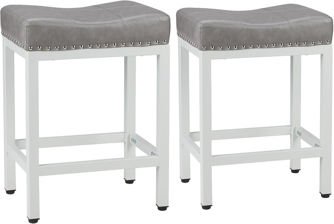 Sweetcrispy 24 inch Bar Stools Set of 2, Upholstered Modern Counter Height Bar Stools for Kitchen Island Modern PU Leather Sadless Stools Chair with Metal Base and Footrest, Gray
