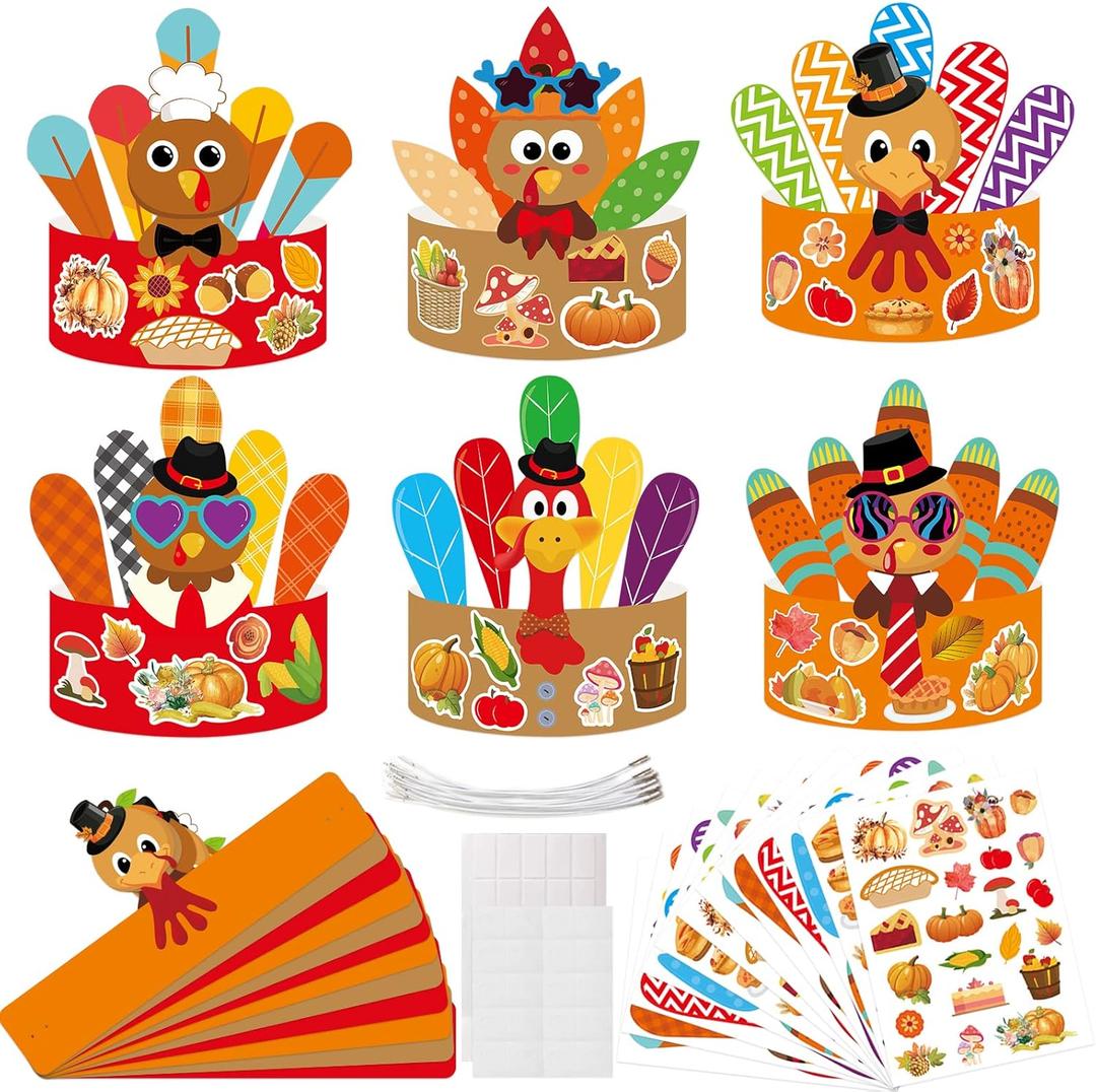 ceiba tree DIY Fall Thanksgiving Turkey Crowns Crafts Activities for Kids Headbands Hats Craft Kits 12 PCS Party Decoration Supplies School Holiday