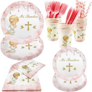 112 PCS Baptism Plates Napkins Cups Decoration for Girl Mi Bautizo Baby Shower First Holy Communion Disposable Party Tableware Newborn Christening God Bless Party Supplies Favors for 16 Guests
