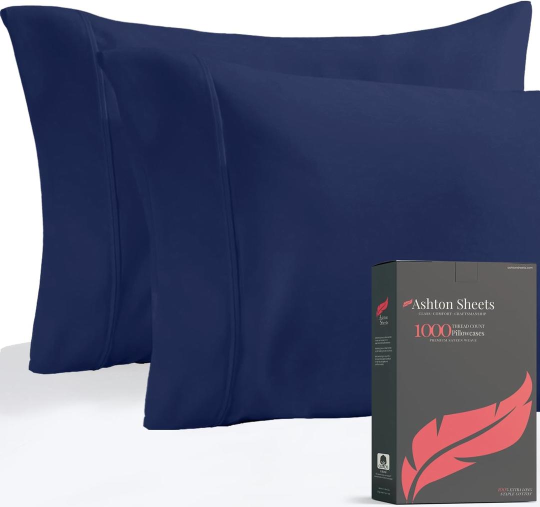 Ashton Sheets Luxury Egyptian Cotton Standard/Queen Pillow Cases Set of 2-1000 Thread Count Standard/Queen Pillowcases, Sateen Weave Cooling Pillowcase for Standard/Queen Pillows - Navy Blue