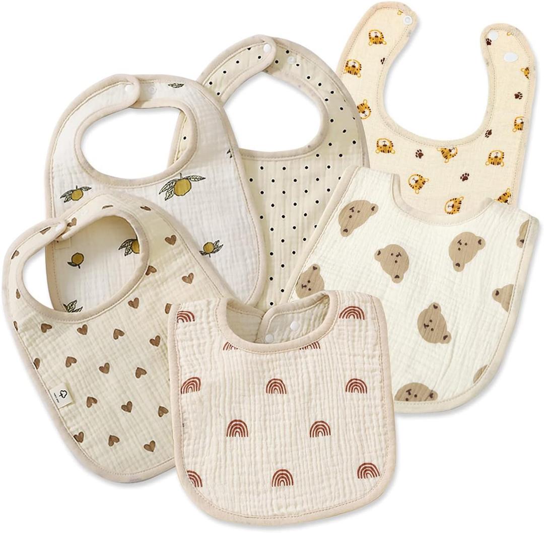 Muslin Baby Bibs for Drooling and Teething Newborn Drool Bibs for Baby Girl Boy (Khaki)