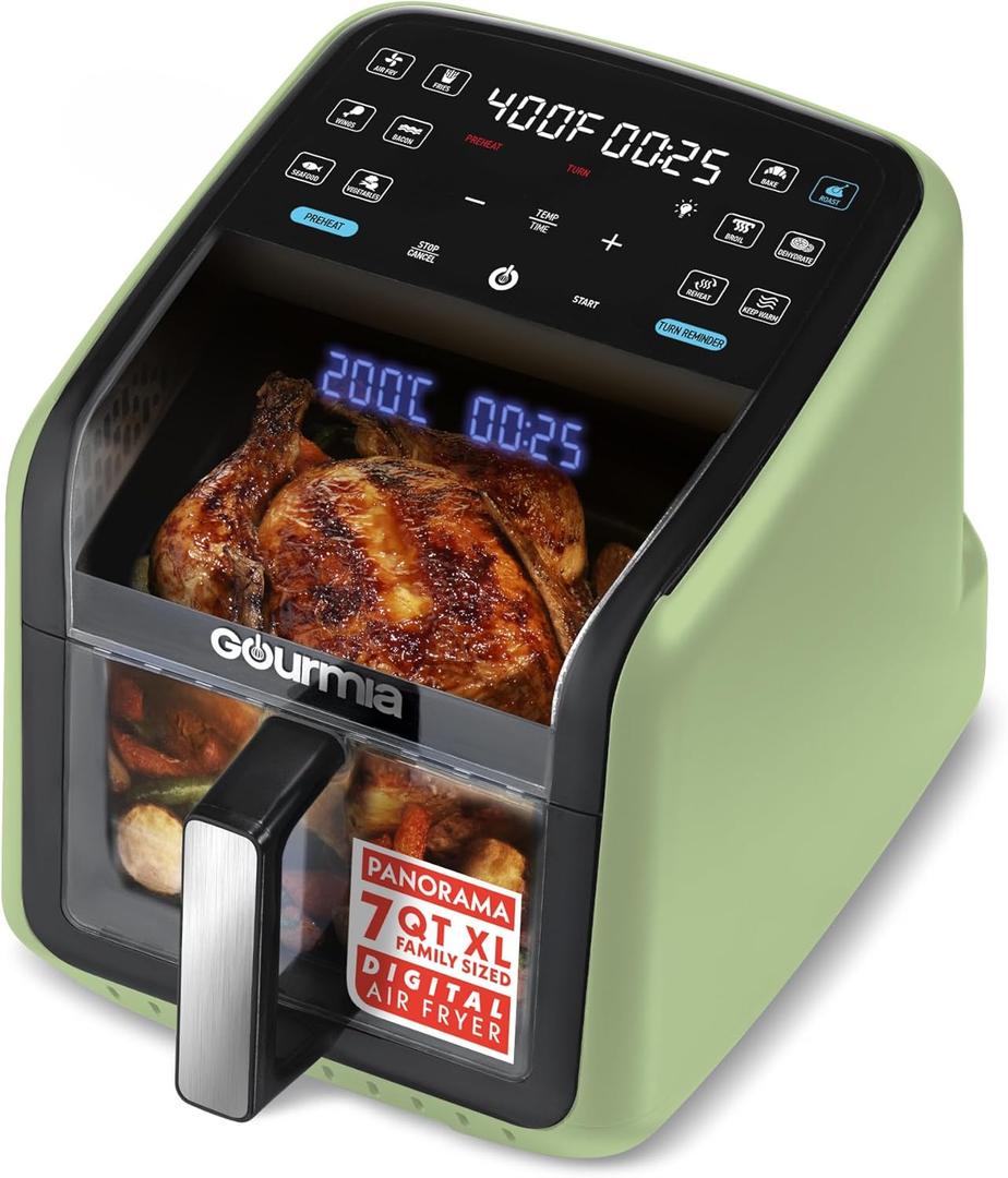 Gourmia Air Fryer 7 QT - Easy View Panorama Window & Interior Light, Guided Cooking with 12 One-Touch Presets, FryForce 360, Dishwasher Safe Accessories, Green