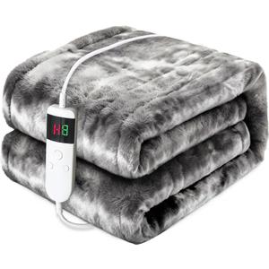Heated Electric Blanket Throw 50''x60'' - Fast Tie-Dye Heating Blanket, Washable Heat Blanket 10 Heating Settings, 8h Timer Auto Off & Heated Protection, Soft Flannel & Sherpa Material (Light Gray)