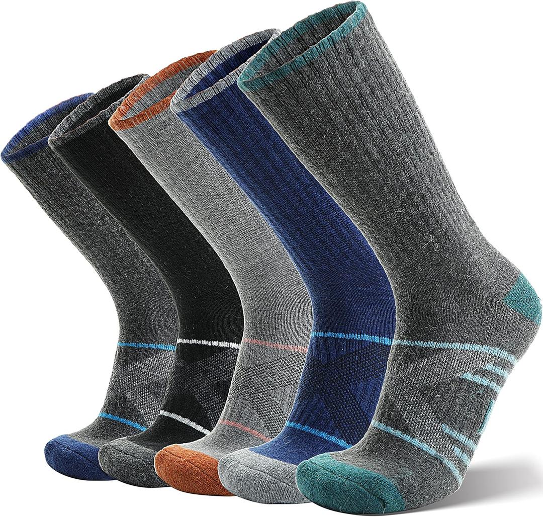 ANTSANG Merino Wool Socks for Men & Women Thermal Winter Hiking Warm Thick Athletic Crew Cozy Boot Work Gift Socks Stocking Stuffers 5 Pairs (Orange/Green/Blue/Black/Dark Grey A,M)