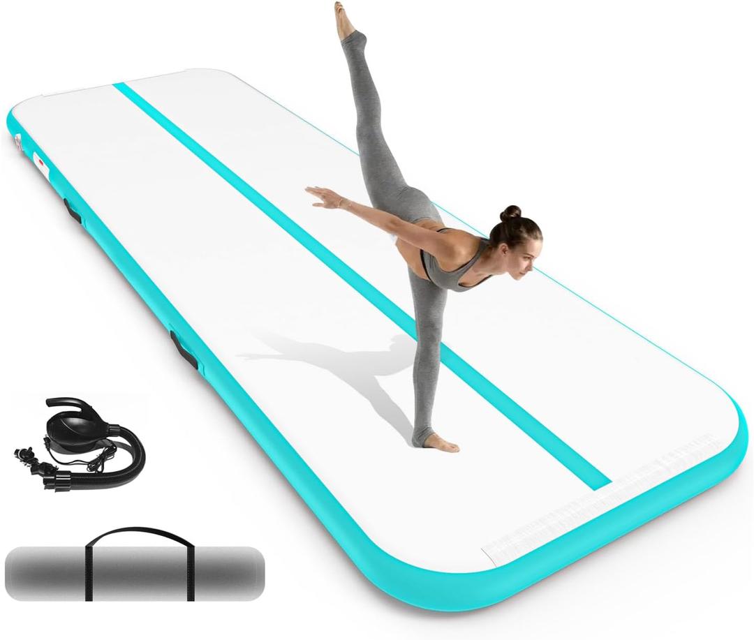 SWRORDAWN Inflatable Gymnastics Mat 10 Ft, 4 Inches Thickness Gymnastic Mats with Electric Pump and Carry Bag for Kids Home Use Outdoor Training Yoga Cheerleading Gym Studio Backyard Park, Green