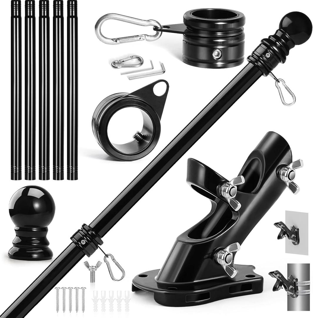 Anovo Flag Pole Kit Upgraded Holder, Stainless Steel 6 FT Flag Poles with1 Inch Metal 360° Rotating Flag Pole Rings Two Position Flag Pole Bracket Mounting for Outside House Porch(6 FT Black)