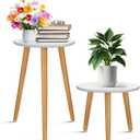 Briwooody 2 Pcs Indoor Plant Stand Mid Century Vintage Wood Modern Flower Pots Holder Round Side Table End Table Plant Stools for Living Room Corner Balcony Decor (White)