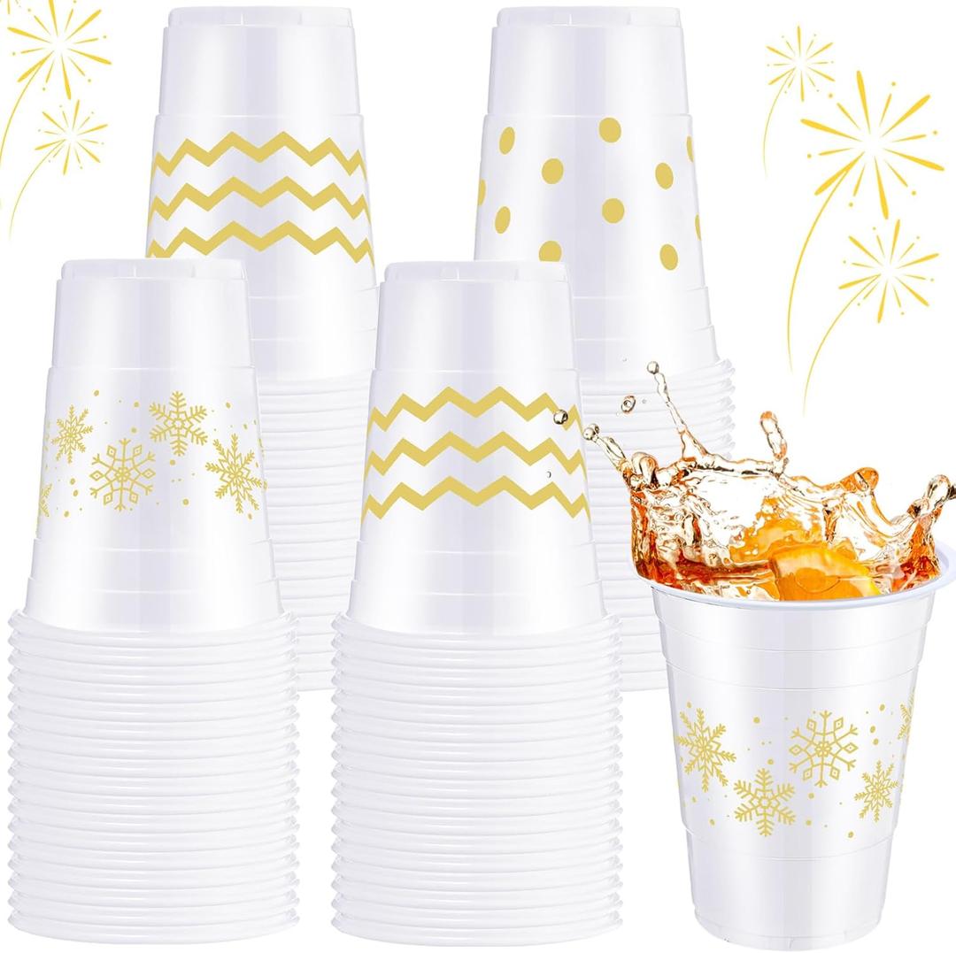 Jingmore 60 Pcs Winter Plastic Cups Bulk 16 oz Snowflake Disposable Winter Party Cups Stripes Polka Dots Drinks Cup for Christmas Holiday Birthday Baby Shower Party Supplies(White Gold,Snowflake)